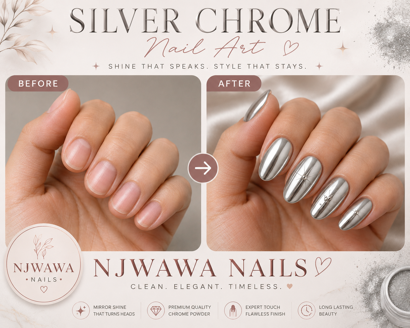 Silver chrome mirror-finish nails