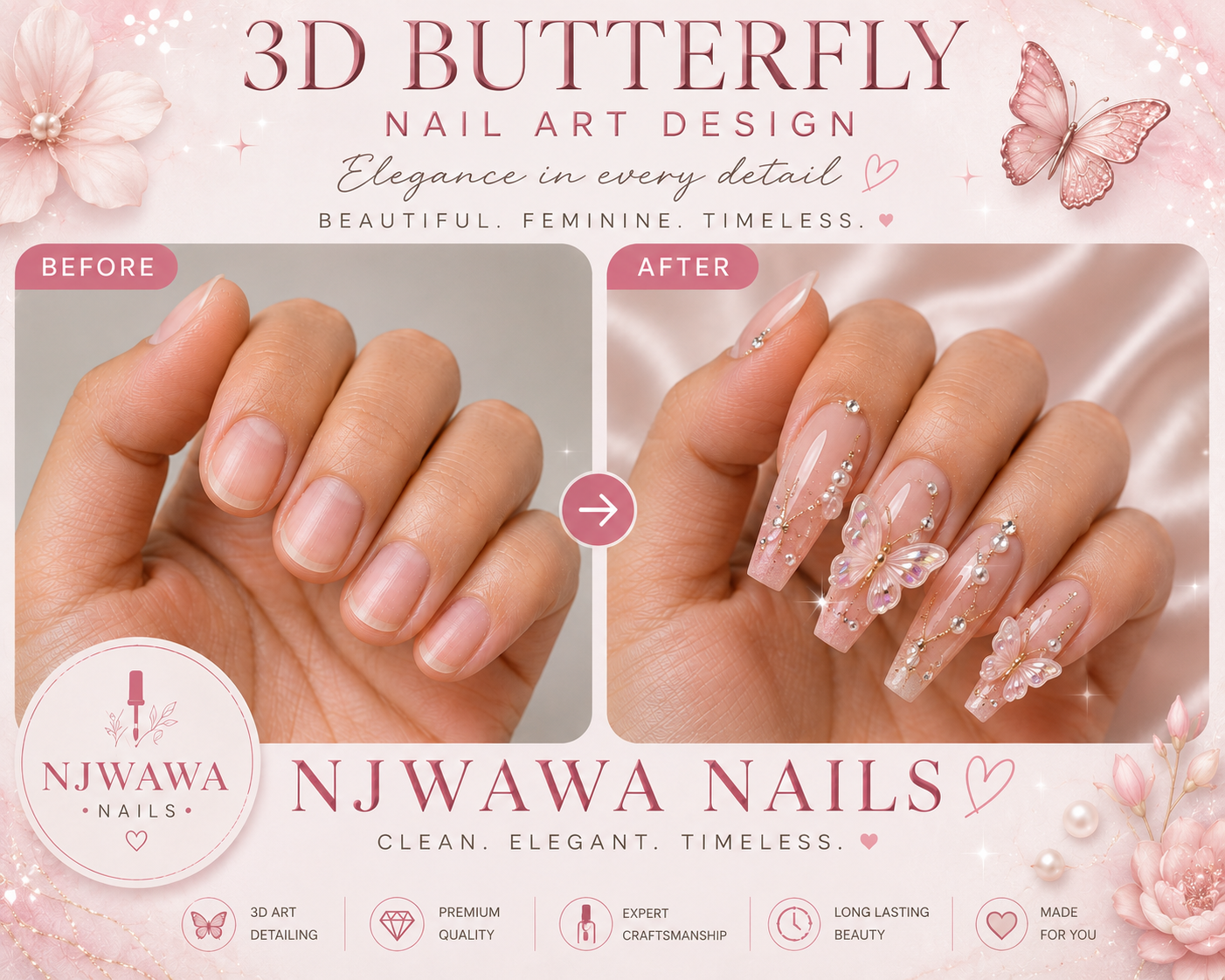 3D butterfly nail art with pearls and rhinestones
