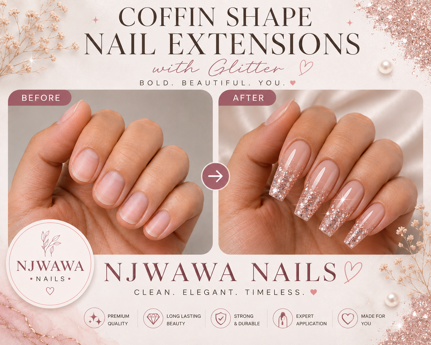 Coffin-shape nail extensions with rose gold glitter